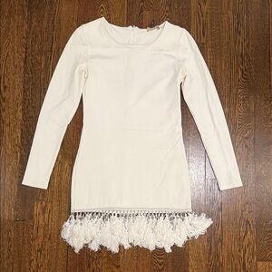 Lurelly Cream Long-Sleeve Mini Dress with Fringe Hem